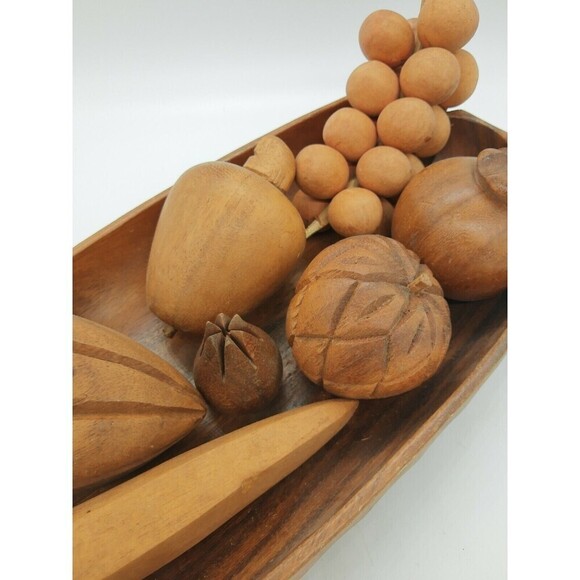 Set Vintage Monkey Pod Wooden Fruit Bowl Of 7 Pcs of Fruit w/ Matching Bowl - Picture 3 of 8